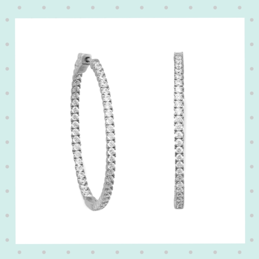 RHODIUM PLATED OVAL IN/OUT CZ HOOP EARRINGS